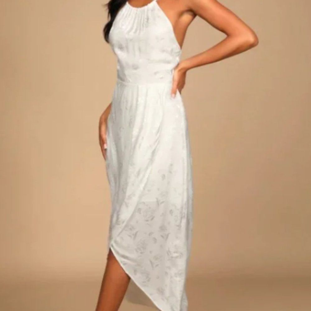 Lulus White Floral Jacquard Satin Tulip Midi Dress - Size S